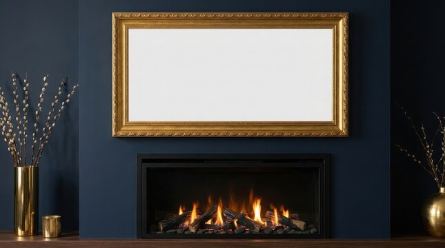 A horizontal blank white canvas inside an ornate vintage gold frame mounted above a modern black fireplace insert on a dark navy blue wall with golden vases containing branches on the wooden mantel.