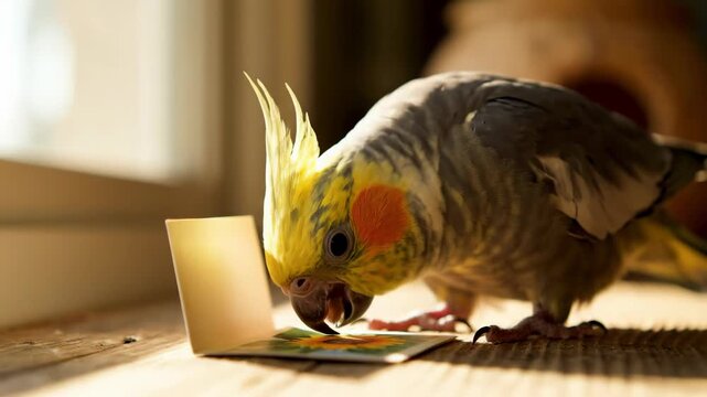 Cockatiel Bird Engaged with Miniature Card - A Playful Scene.