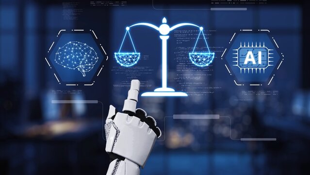 This image showcases a robotic hand pointing at digital scales, symbolizing the relationship between artificial intelligence, law, and ethics in a futuristic setting. Synapse