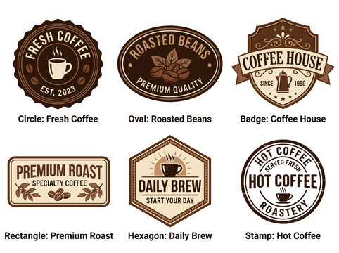Coffee brand emblems set, premium roast labels in brown flat vector shapes on white