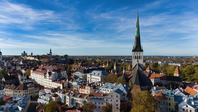 Tallinn Old Town Aerial Skyline with St Olaf Church and Toompea Hill