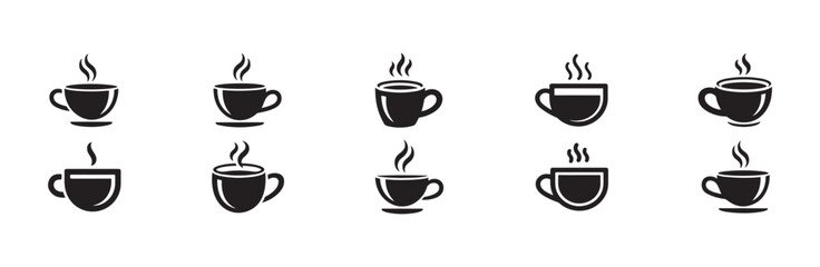 Obraz premium Elegant coffee cup icons collection with subtle steam lines for professional cafe branding design