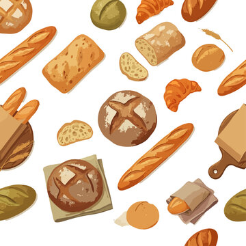  Patr&oacute;n sin costuras con pan, baguettes y boller&iacute;a en tonos c&aacute;lidos.
