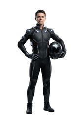 Fototapeta premium Man in futuristic black tech suit isolated. Sci-fi costume mockup.