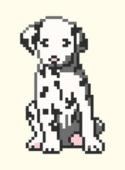Fototapeta premium Cute Dalmatian puppy sitting, pixel art style, black and white spotted dog illustration
