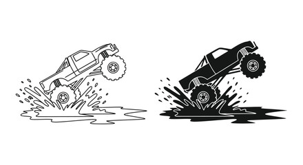 Two monster trucks jumping through water splashes a striking black silhouette © AL-AMIN