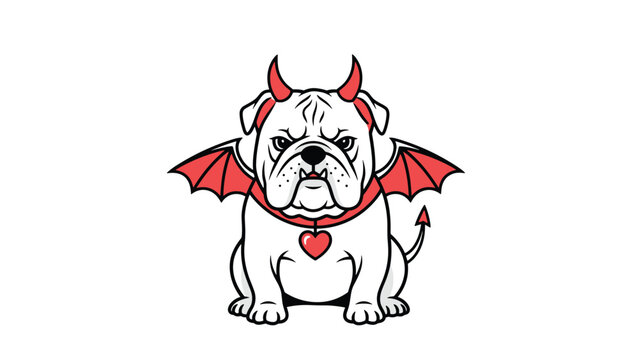 Grumpy bulldog character humorously dressed in a devil costume featuring red horns, bat wings, and a red heart collar.
