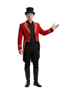 Circus ringmaster in red tailcoat isolated. Showman entertainment concept.