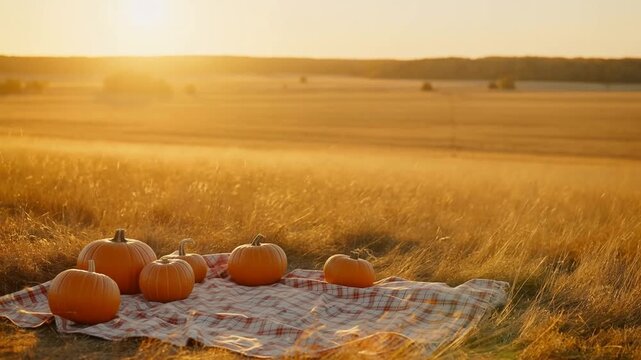 Slow pan tracking dolly shot of pumpkins arranged on picnic blanket resting in golden wheat field hillside at sunset in autumn evening