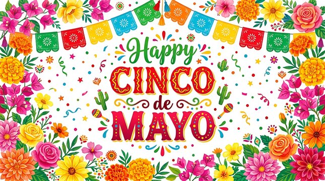 Happy cinco de mayo celebration banner or poster with colorful traditional mexican paper cut flags and flowers border