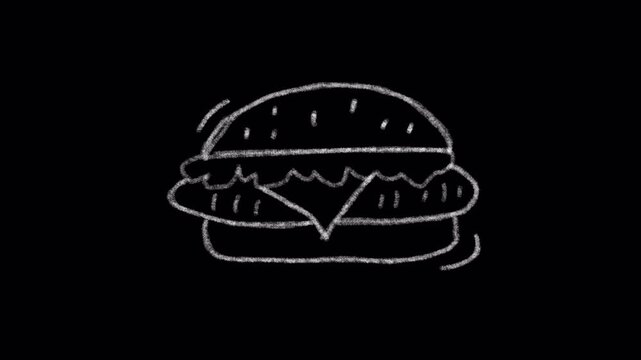 Burger icon chalk drawing. Video clip with alpha channel.