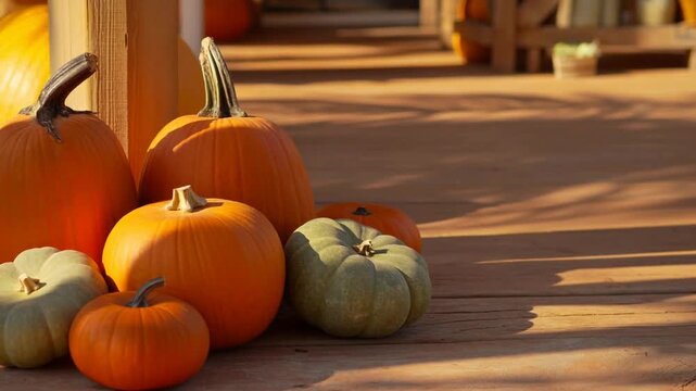 Panning shot pumpkins arranged sitting on wooden porch deck with warm afternoon sunlight and autumn shadows in farmhouse outdoor setting