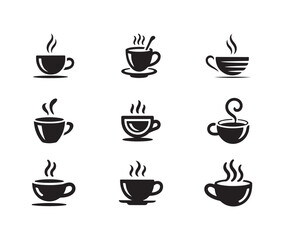 Obraz premium Black and white vector collection of hot beverage cups with rising steam for coffee shop branding