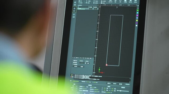 Engineer operating CAD software to draw a rectangular shape on the screen