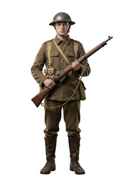 WWI British soldier with rifle isolated. Historical military concept.
