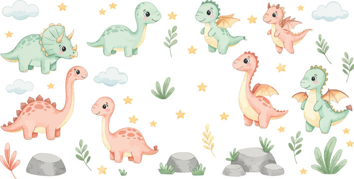 Collection of cute cartoon animals and funny monsters featuring a baby dinosaur vector illustration set