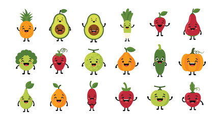 Obraz premium Collection of cute cartoon fruit and vegetable characters with cheerful smiling faces and tiny limbs including avocado, melon, and pineapple.
