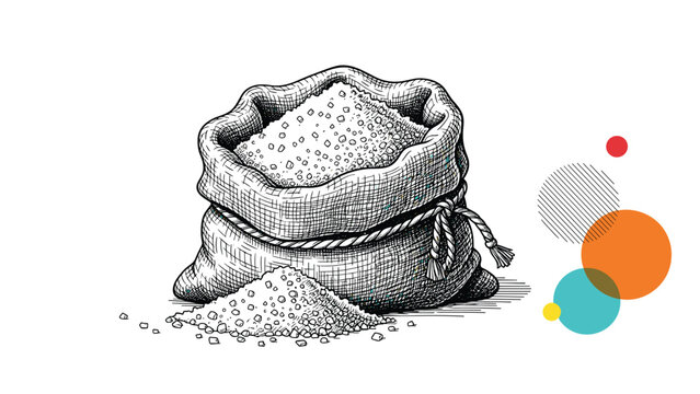 Hand drawn sketch of a burlap sack overflowing with white crystalline substance like salt or sugar with decorative abstract circles on the side.
