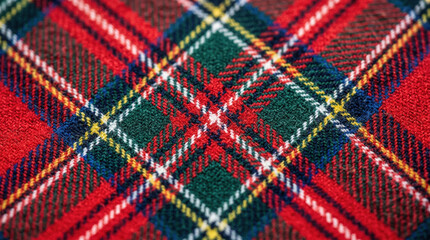 Fototapeta premium Red tartan plaid fabric texture close up Scottish pattern textile background wool material