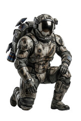 Fototapeta premium Battle-worn futuristic astronaut kneeling side view isolated. Sci-fi space soldier.
