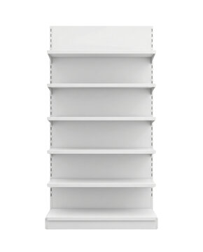 Empty white retail shelf unit isolated. Store display mockup.