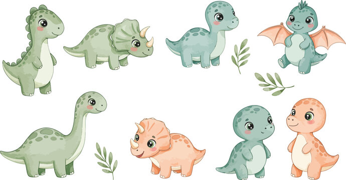 Funny cartoon vector illustration of a wild baby dinosaur with a chicken and eggs, a yellow Easter bunny, and a green snake in a blue nature zoo
