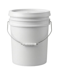 White five gallon plastic bucket with metal handle isolated. Industrial storage mockup. © PNG Lab