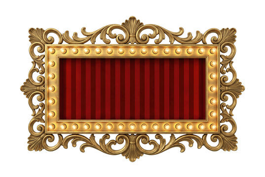 Gold ornate baroque marquee frame with red curtain isolated. Theater stage mockup.
