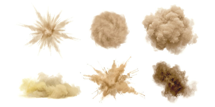 Set of realistic brown dust explosions and smoke clouds isolated on white background vector illustration collection