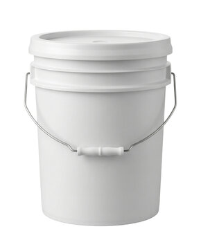 White five gallon plastic bucket with metal handle isolated. Industrial storage mockup.