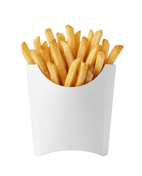 Golden french fries in blank white container isolated. Fast food snack mockup.