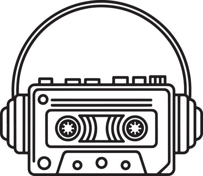 Portable cassette player with headphones outline isolated on transparent background vector.