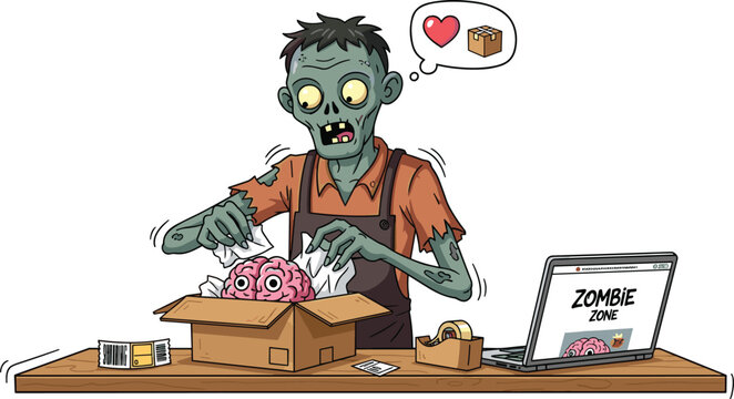 Cartoon zombie packing pink brain into cardboard shipping box with laptop and humorous spooky online business illustration