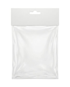 Clear plastic poly bag with white header isolated. Retail packaging mockup.