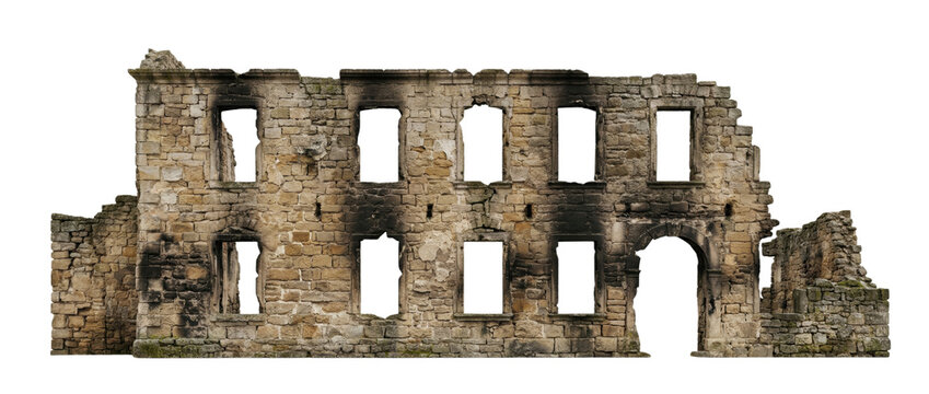 Ruined burnt stone building facade isolated. War disaster concept.