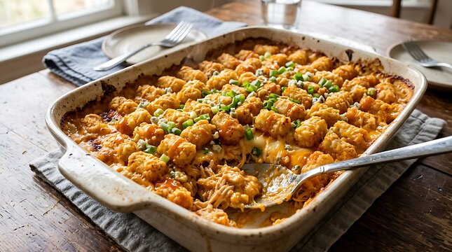 Buffalo chicken tater tot casserole with green onions and melted cheese