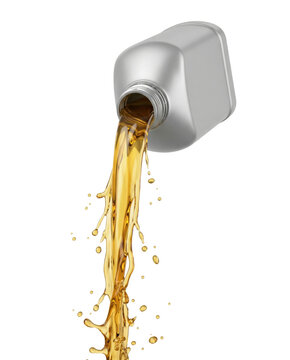 Golden engine oil pouring from silver bottle isolated. Lubricant splash mockup.