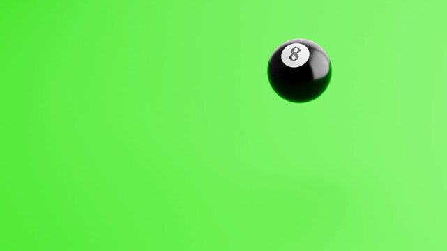Pool Black 8 Ball Bouncing on Green Background with Copy Space, Seamless Loop 3D Animation