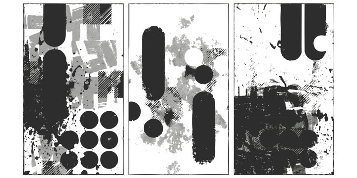 Abstract minimalist geometric triptych featuring black shapes and textured patterns in a modern contemporary vector illustration design style