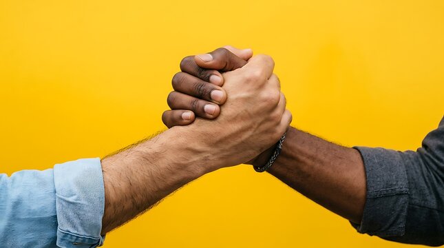 Two people shaking hands in solidarity and friendship with a bright yellow background
