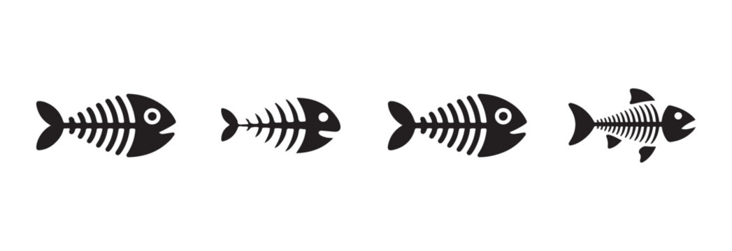 Collection of four different black fish skeleton icons representing marine animal remains and seafood.