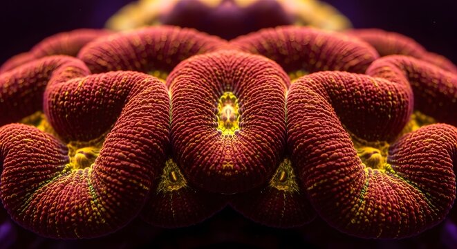 Vibrant Fluorescent Coral Macro Symmetry: Intricate Red and Yellow Marine Life Texture
