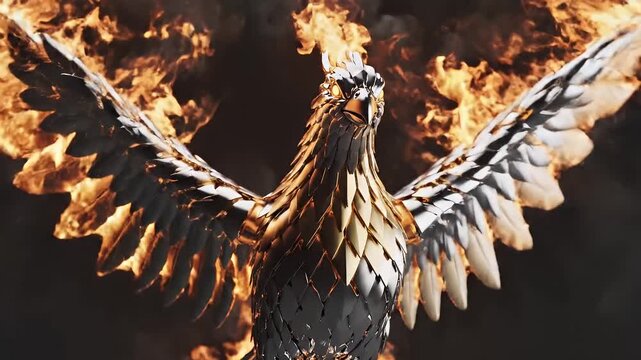 Majestic Metallic Phoenix Rises Amidst Fiery Flames Dramatic Cinematic Lighting