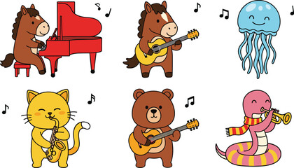 Cute animal musicians collection with horse, bear, cat, snake and jellyfish playing instruments vector illustration for kids music and fun design © Kharshad Creative