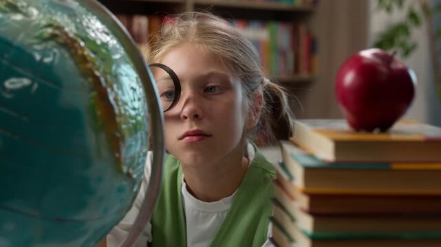 Close up concentrated Caucasian little girl child kid schoolgirl looking at globe with magnifier focused school pupil daughter schoolkid look at world map studying learning geography class study learn
