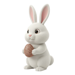 Obraz premium Cute white easter bunny holding a speckled egg isolated on a transparent background