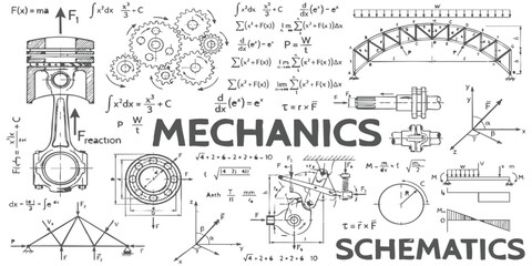 Technical mechanical engineering schematics with mathematical formulas and physics diagrams vector illustration for industrial design background © GraphixEra