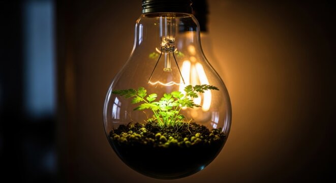 Tiny green plant growing inside clear glass light bulb against dark background innovative.