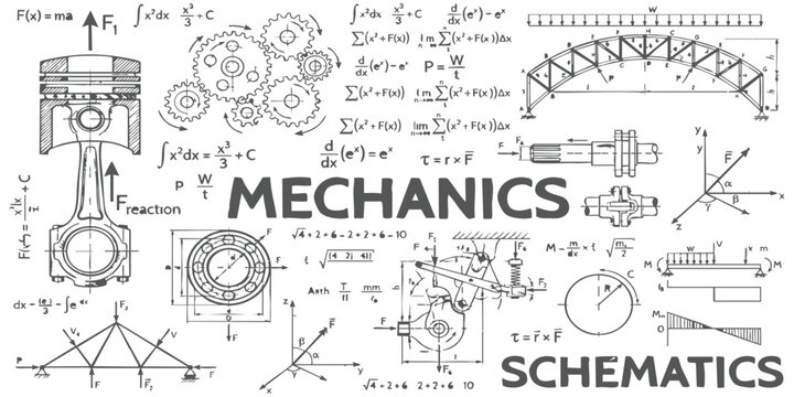 Technical mechanical engineering schematics with mathematical formulas and physics diagrams vector illustration for industrial design background