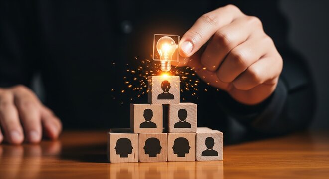 A person builds a pyramid of people icons with a glowing light on top.